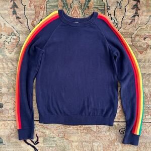 Navy Rainbow Striped Long Sleeve Pullover Sweater Kid Nation Size 8 - 10 Yrs